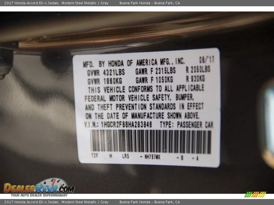 2017 Honda Accord EX-L Sedan Modern Steel Metallic / Gray Photo #19