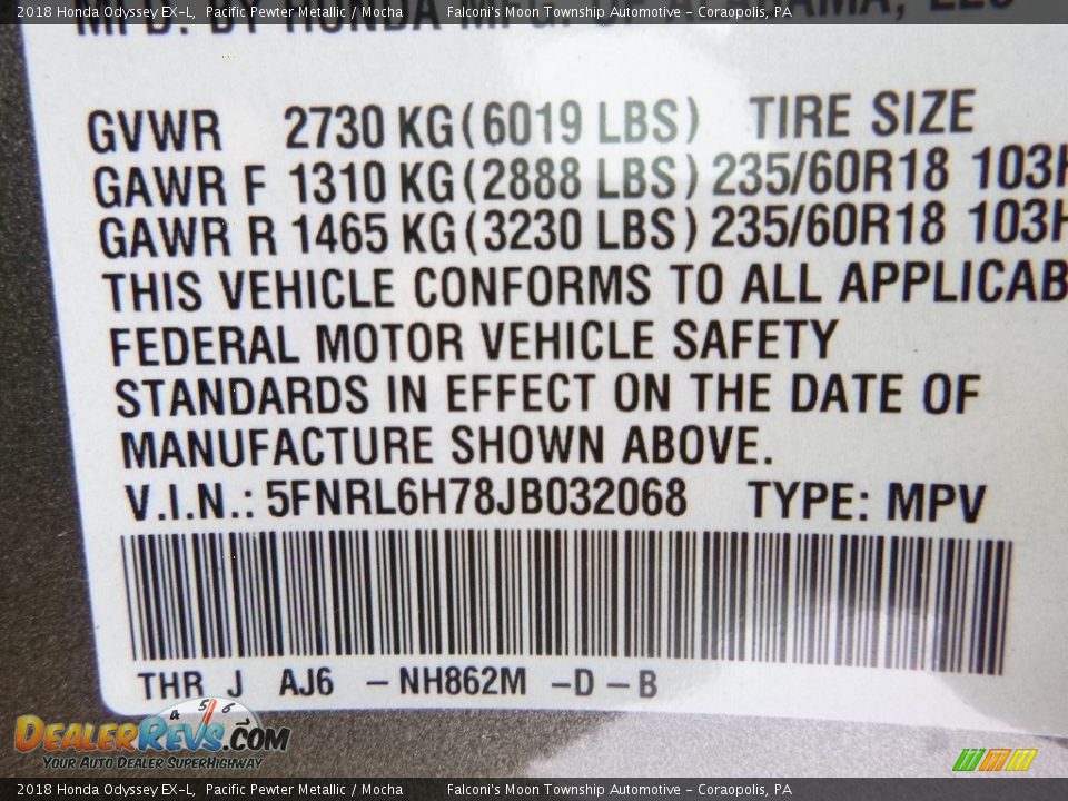 2018 Honda Odyssey EX-L Pacific Pewter Metallic / Mocha Photo #11