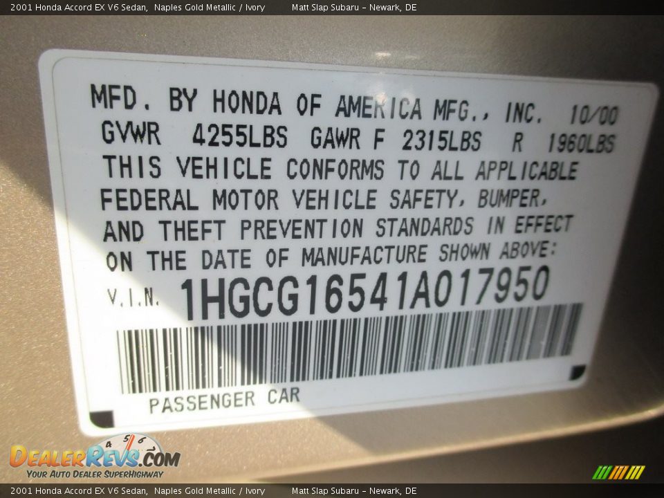 2001 Honda Accord EX V6 Sedan Naples Gold Metallic / Ivory Photo #29