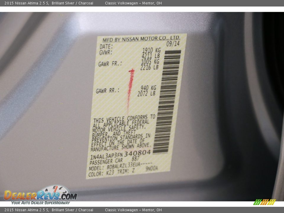 2015 Nissan Altima 2.5 S Brilliant Silver / Charcoal Photo #21
