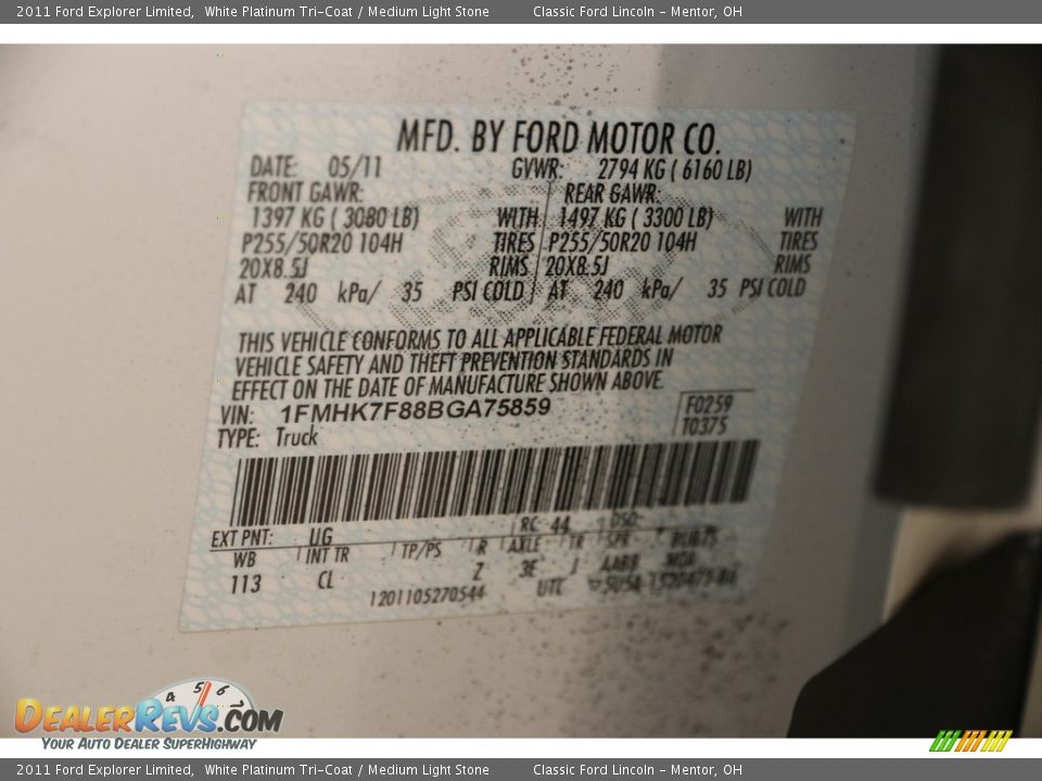 2011 Ford Explorer Limited White Platinum Tri-Coat / Medium Light Stone Photo #20