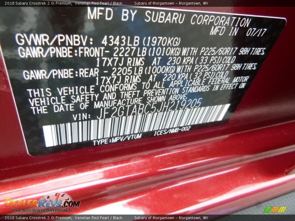 2018 Subaru Crosstrek 2.0i Premium Venetian Red Pearl / Black Photo #16