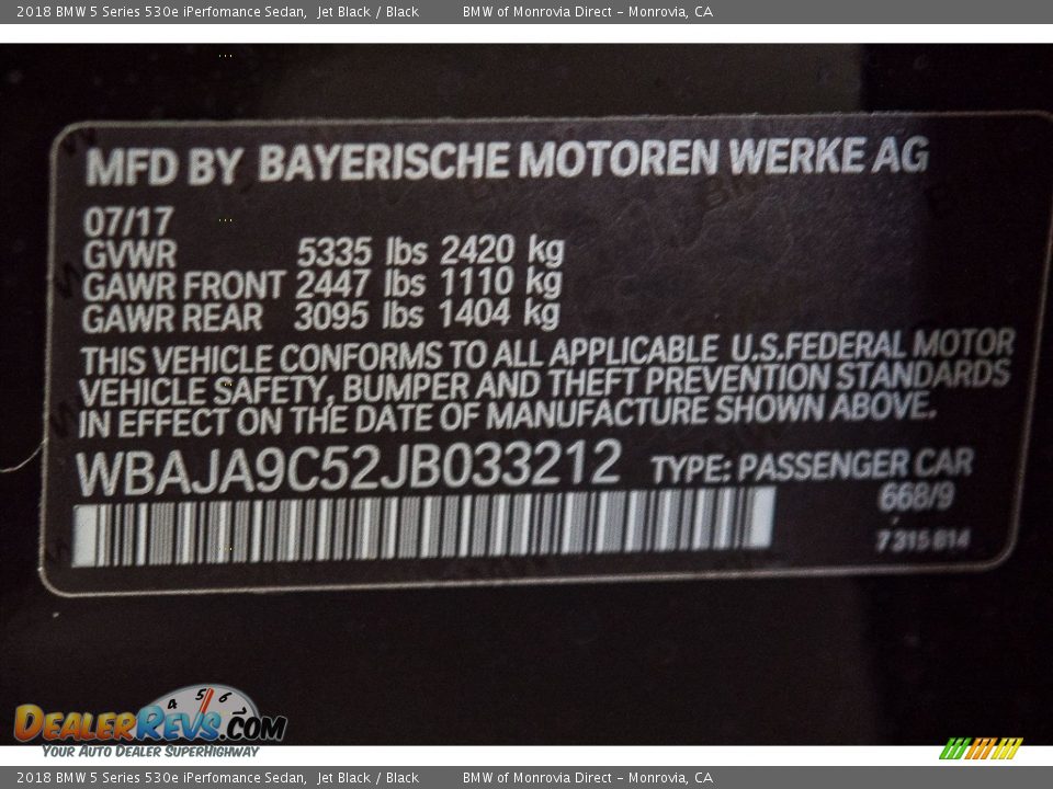 2018 BMW 5 Series 530e iPerfomance Sedan Jet Black / Black Photo #11