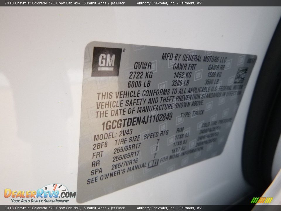 2018 Chevrolet Colorado Z71 Crew Cab 4x4 Summit White / Jet Black Photo #15