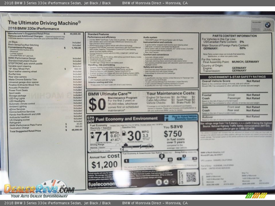 2018 BMW 3 Series 330e iPerformance Sedan Jet Black / Black Photo #10