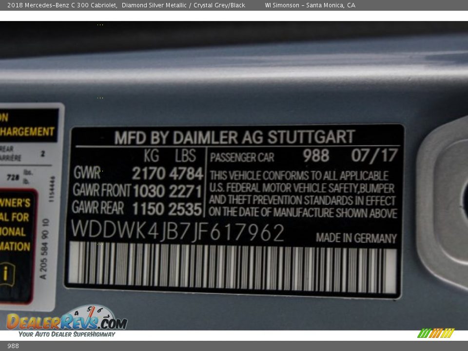 Mercedes-Benz Color Code 988 Diamond Silver Metallic