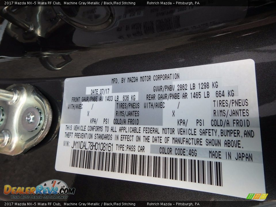 2017 Mazda MX-5 Miata RF Club Machine Gray Metallic / Black/Red Stitching Photo #9