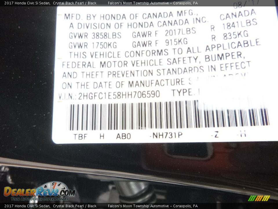 2017 Honda Civic Si Sedan Crystal Black Pearl / Black Photo #11
