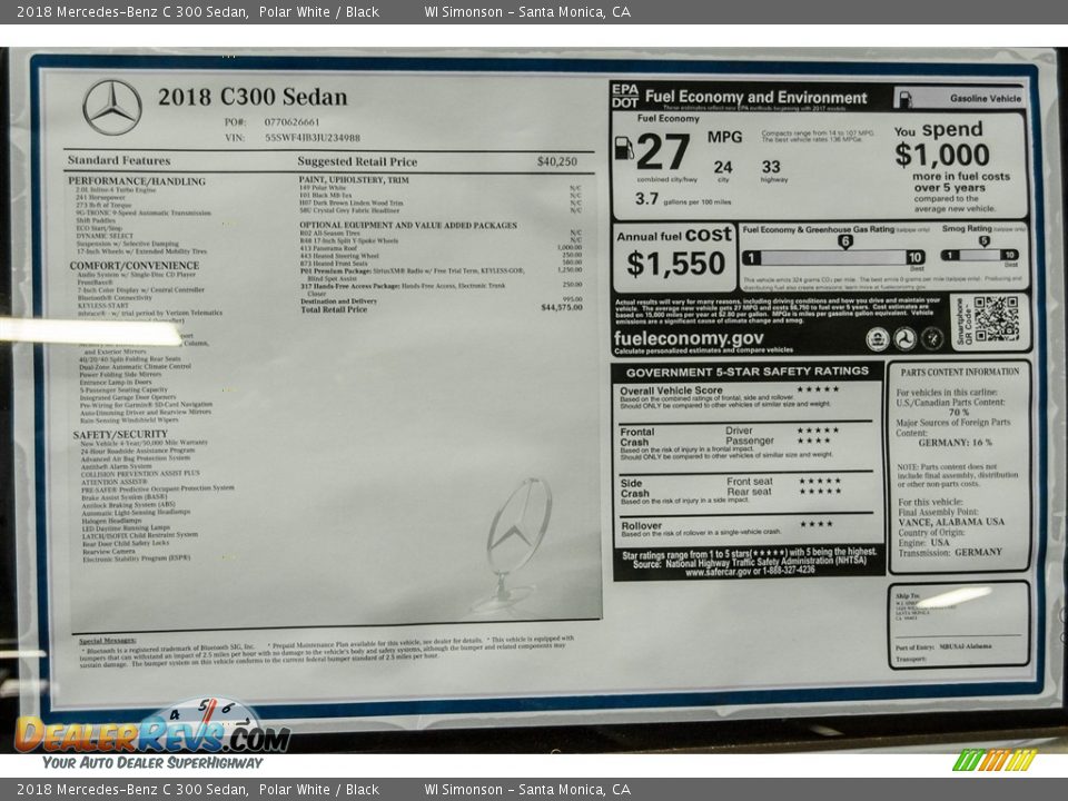 2018 Mercedes-Benz C 300 Sedan Polar White / Black Photo #11