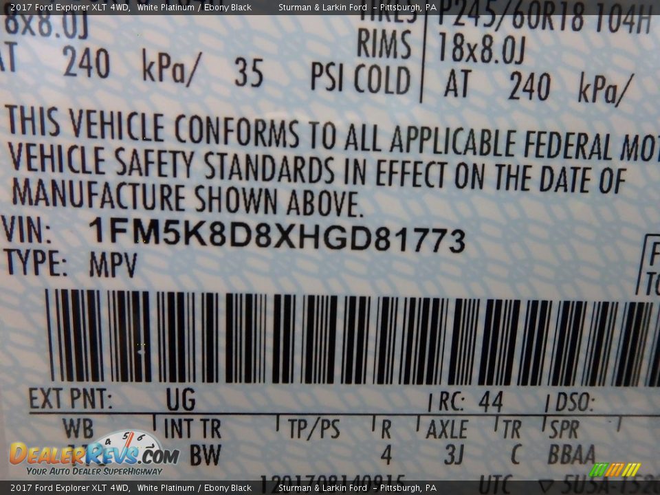 2017 Ford Explorer XLT 4WD White Platinum / Ebony Black Photo #10
