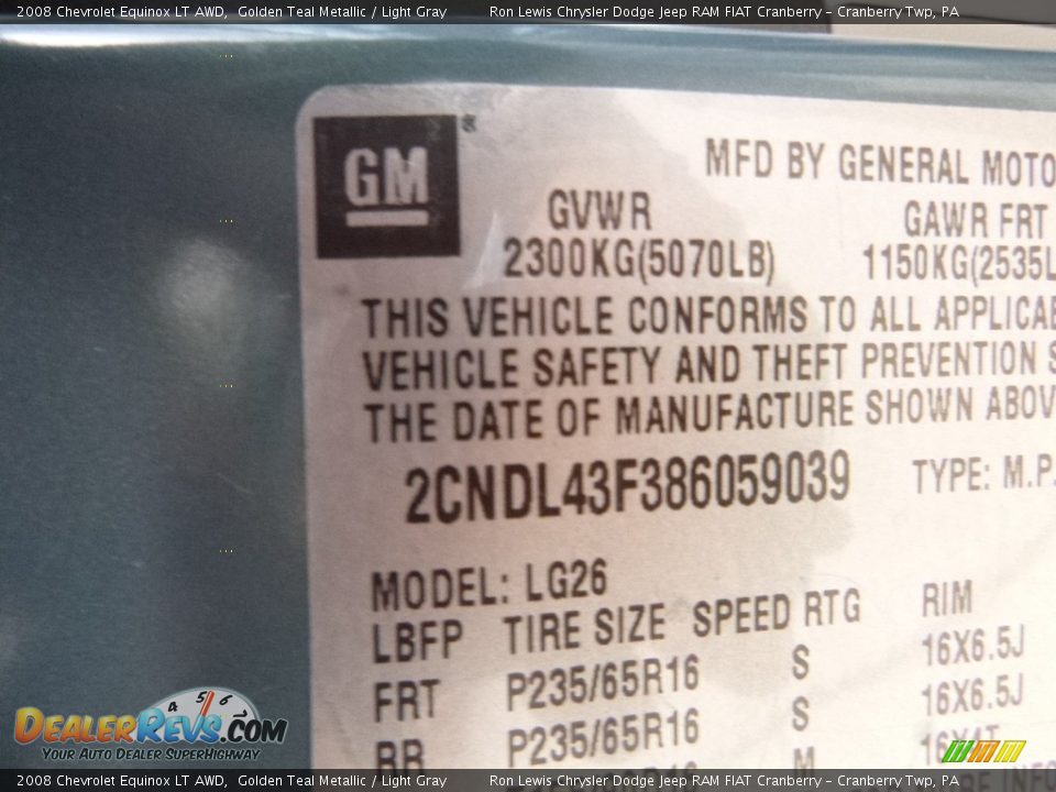 2008 Chevrolet Equinox LT AWD Golden Teal Metallic / Light Gray Photo #16