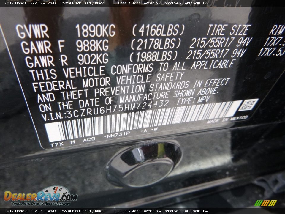 2017 Honda HR-V EX-L AWD Crystal Black Pearl / Black Photo #11