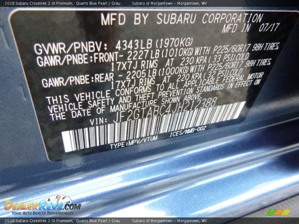 2018 Subaru Crosstrek 2.0i Premium Quartz Blue Pearl / Gray Photo #15