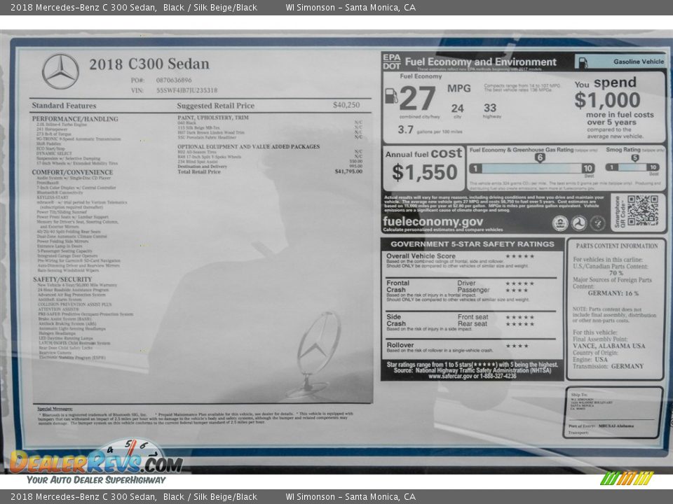 2018 Mercedes-Benz C 300 Sedan Black / Silk Beige/Black Photo #11