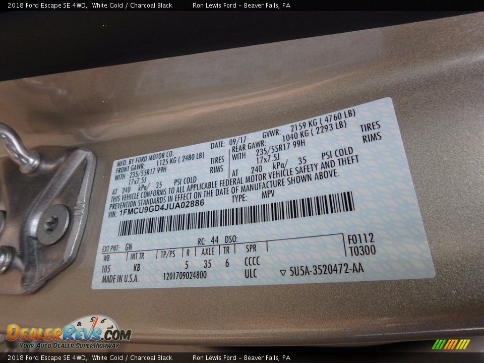 2018 Ford Escape SE 4WD White Gold / Charcoal Black Photo #15