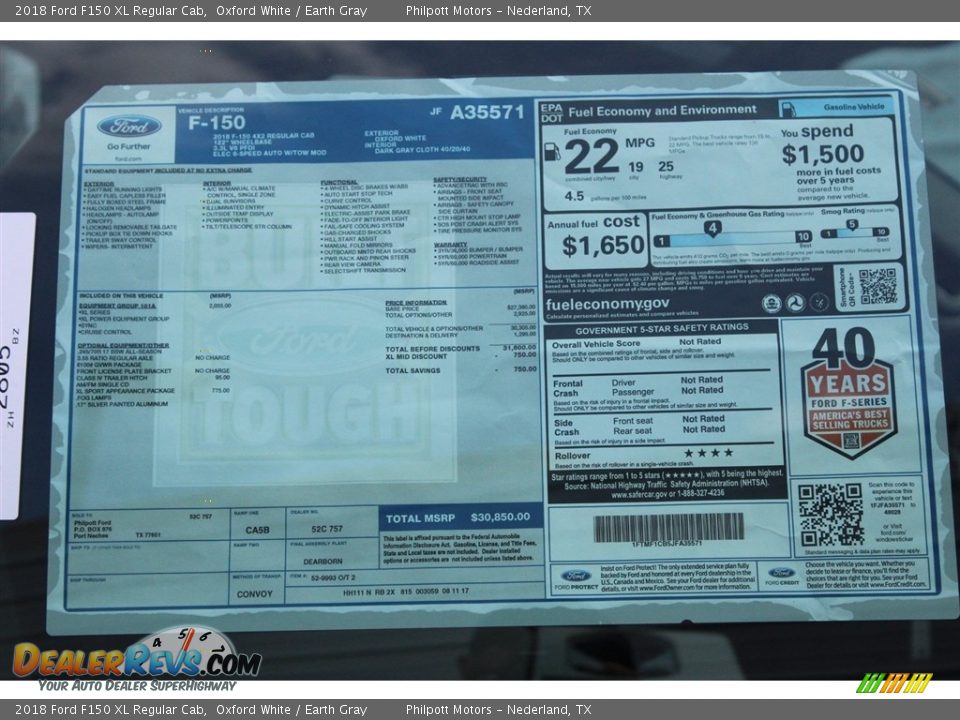 2018 Ford F150 XL Regular Cab Window Sticker Photo #10