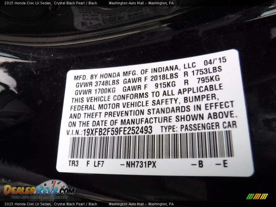 2015 Honda Civic LX Sedan Crystal Black Pearl / Black Photo #19