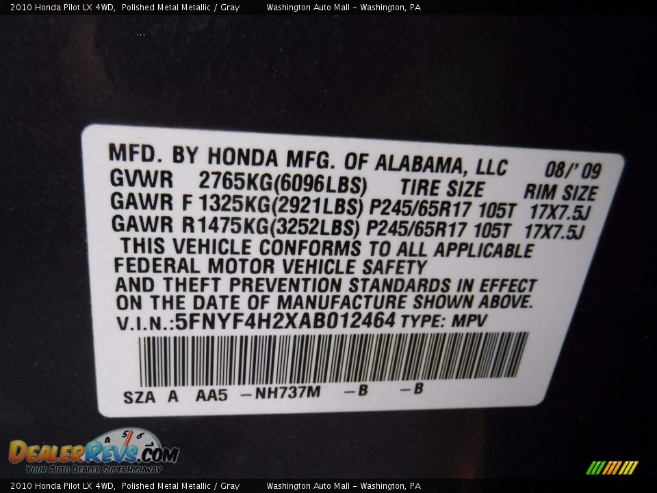 2010 Honda Pilot LX 4WD Polished Metal Metallic / Gray Photo #28