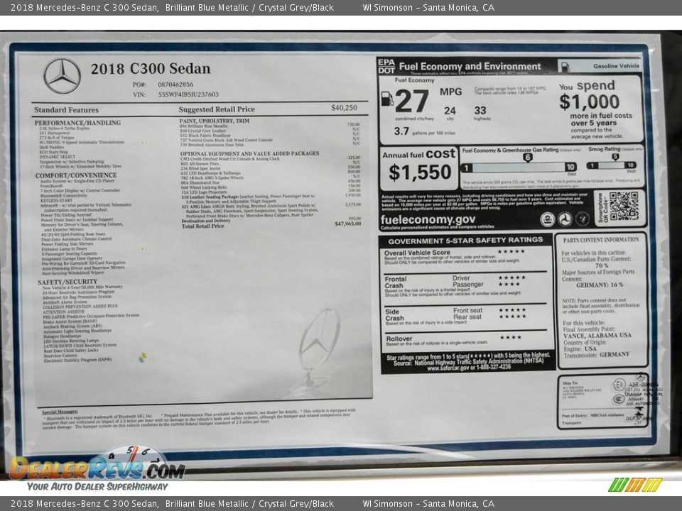 2018 Mercedes-Benz C 300 Sedan Brilliant Blue Metallic / Crystal Grey/Black Photo #11