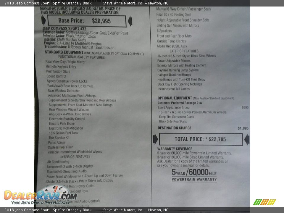 2018 Jeep Compass Sport Spitfire Orange / Black Photo #26