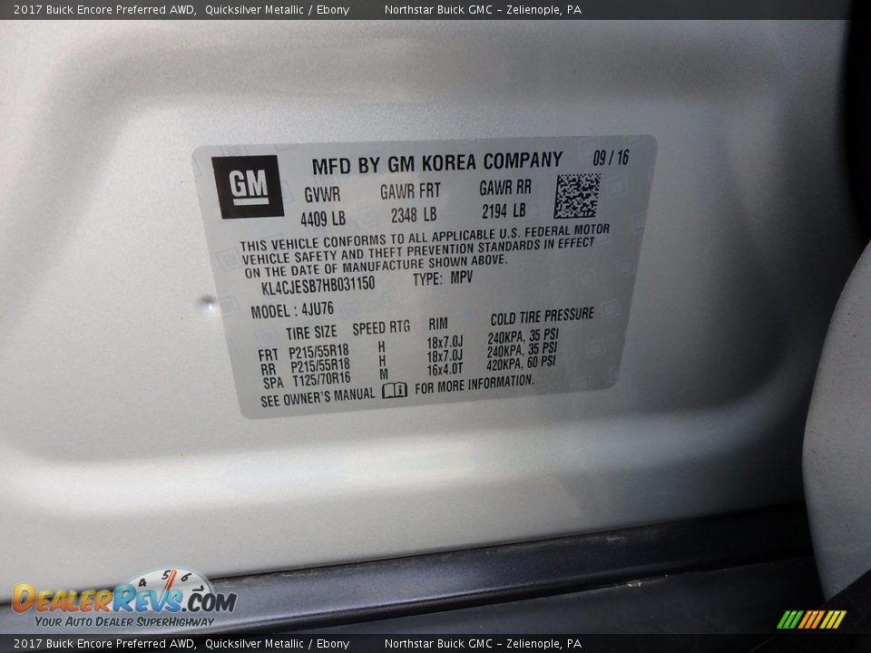 2017 Buick Encore Preferred AWD Quicksilver Metallic / Ebony Photo #16