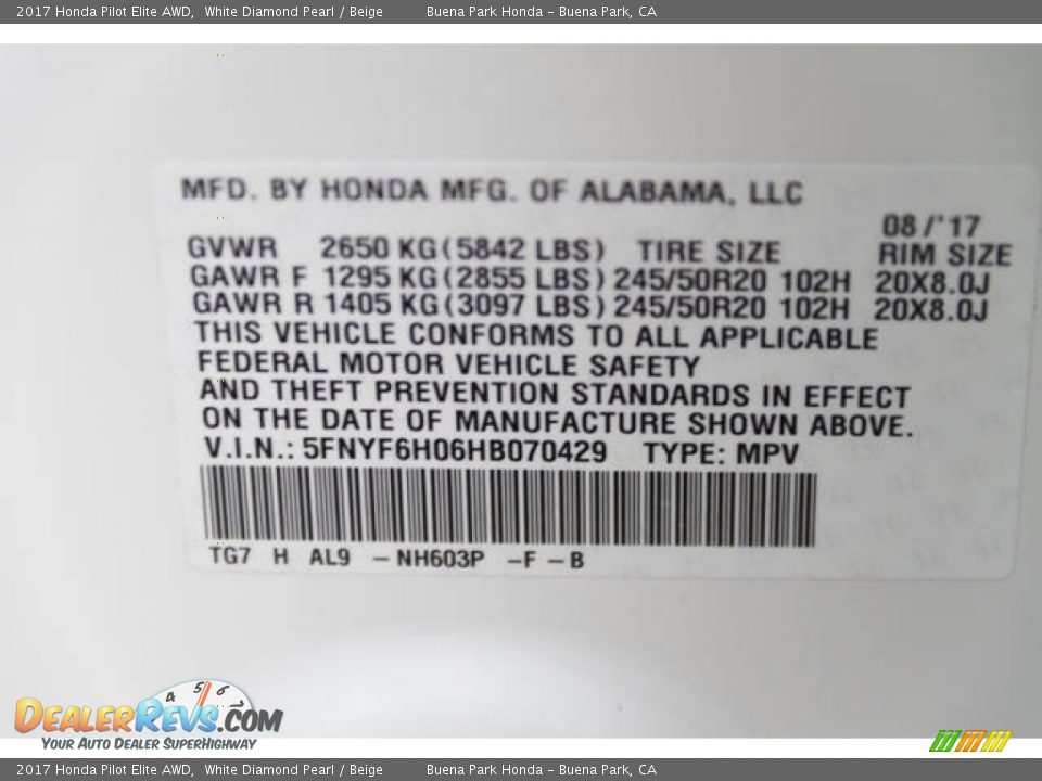 2017 Honda Pilot Elite AWD White Diamond Pearl / Beige Photo #21