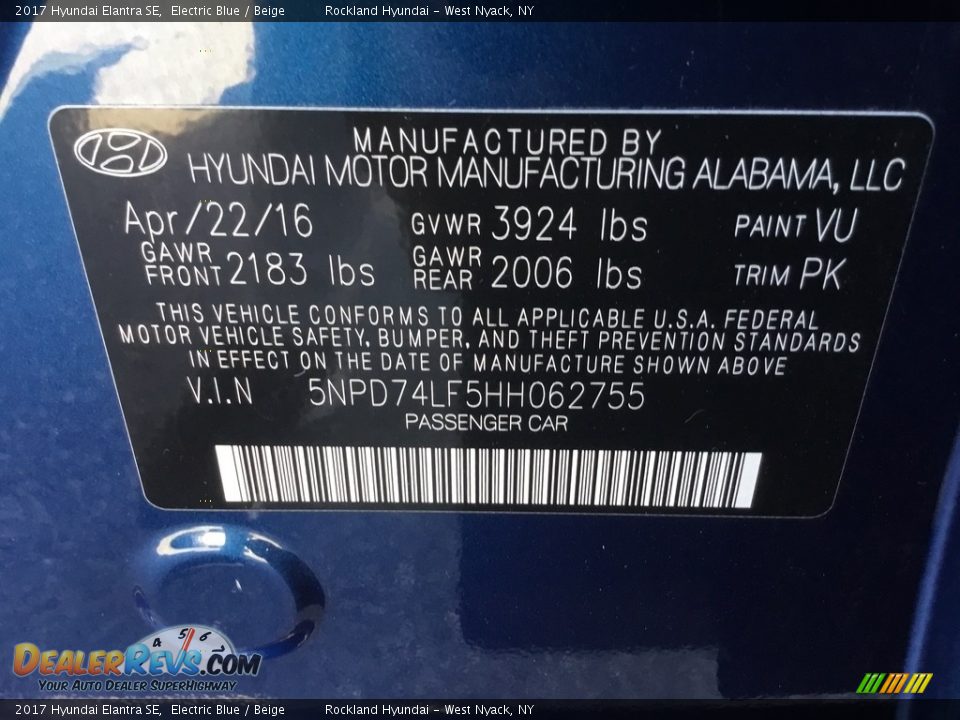 2017 Hyundai Elantra SE Electric Blue / Beige Photo #29
