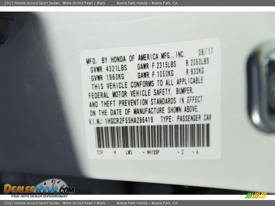 2017 Honda Accord Sport Sedan White Orchid Pearl / Black Photo #16