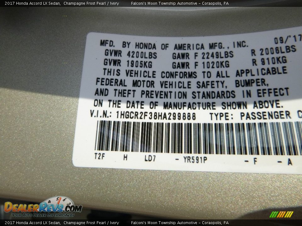 2017 Honda Accord LX Sedan Champagne Frost Pearl / Ivory Photo #12