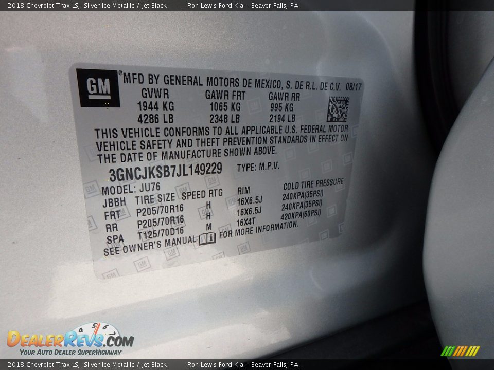 2018 Chevrolet Trax LS Silver Ice Metallic / Jet Black Photo #16