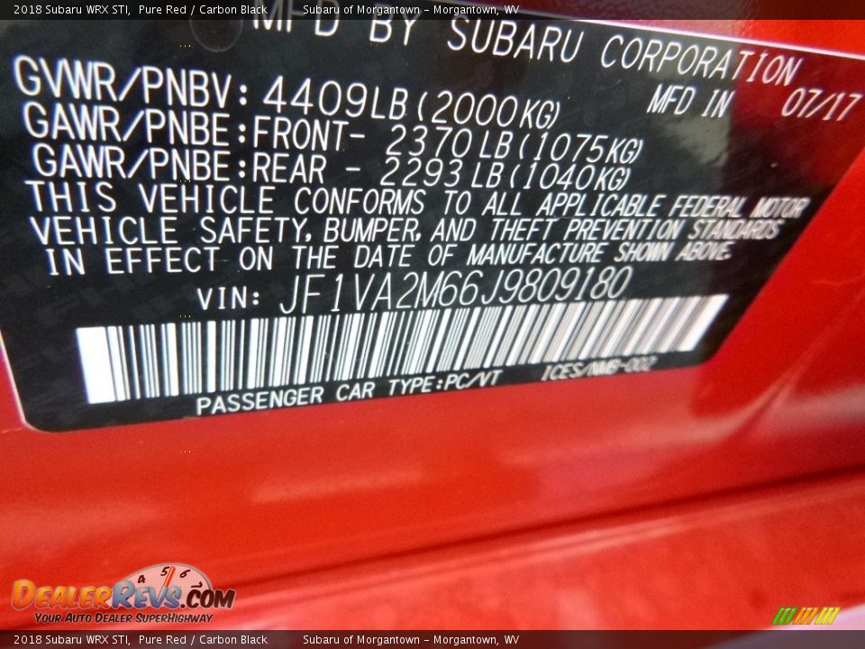 2018 Subaru WRX STI Pure Red / Carbon Black Photo #17