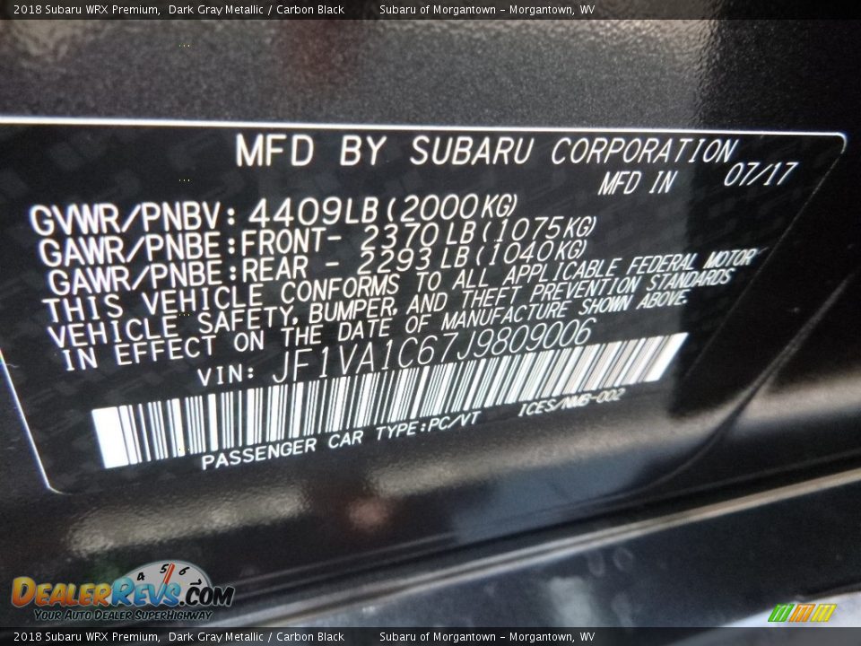 2018 Subaru WRX Premium Dark Gray Metallic / Carbon Black Photo #16