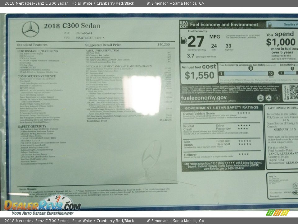 2018 Mercedes-Benz C 300 Sedan Polar White / Cranberry Red/Black Photo #11