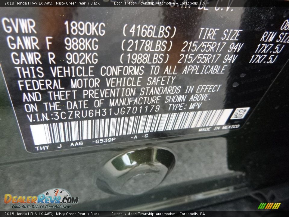 2018 Honda HR-V LX AWD Misty Green Pearl / Black Photo #12