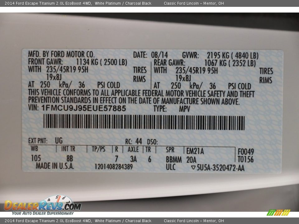 2014 Ford Escape Titanium 2.0L EcoBoost 4WD White Platinum / Charcoal Black Photo #18