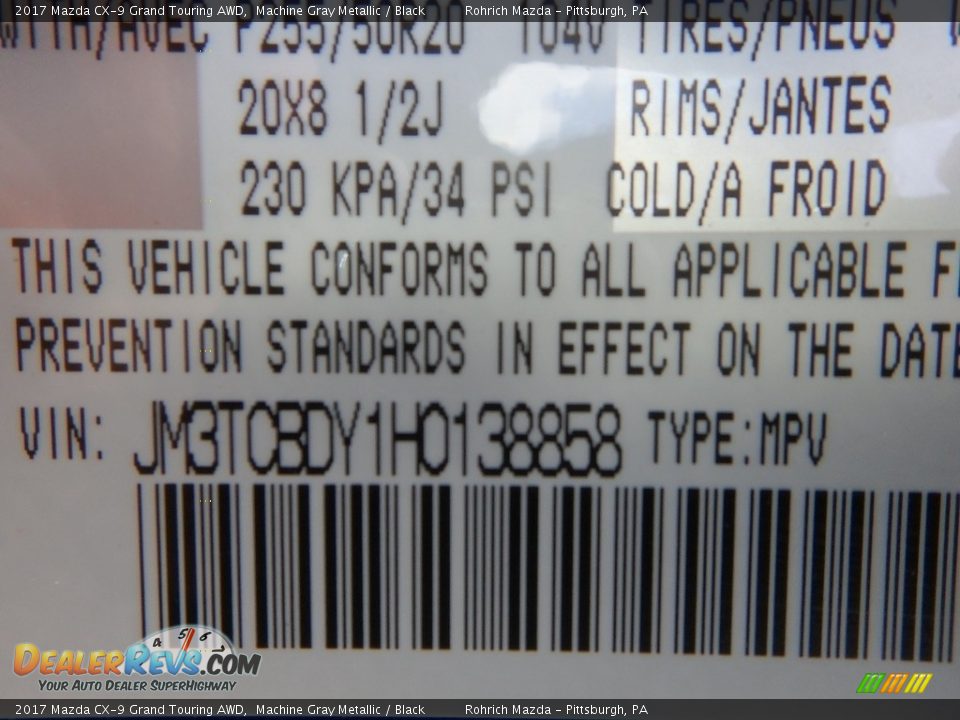 2017 Mazda CX-9 Grand Touring AWD Machine Gray Metallic / Black Photo #10