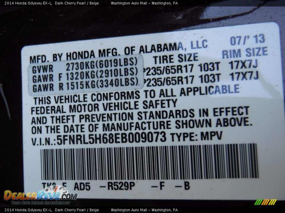 2014 Honda Odyssey EX-L Dark Cherry Pearl / Beige Photo #26