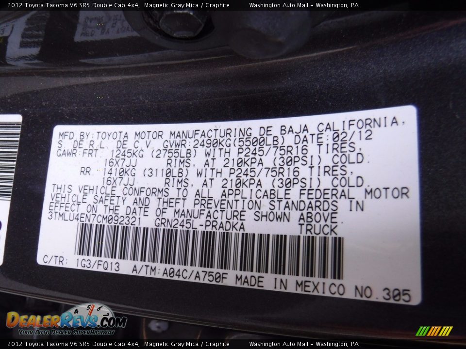 2012 Toyota Tacoma V6 SR5 Double Cab 4x4 Magnetic Gray Mica / Graphite Photo #29