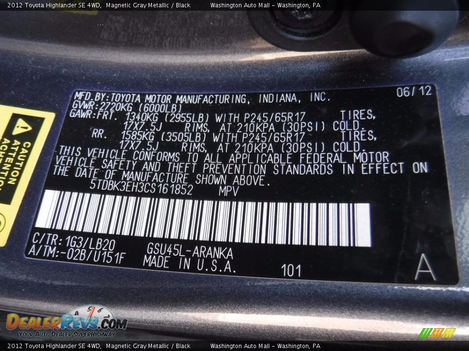 2012 Toyota Highlander SE 4WD Magnetic Gray Metallic / Black Photo #26