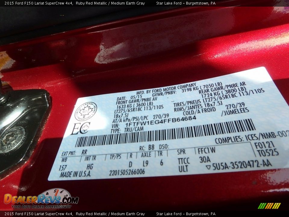 2015 Ford F150 Lariat SuperCrew 4x4 Ruby Red Metallic / Medium Earth Gray Photo #13