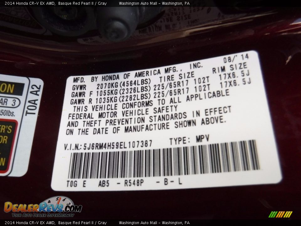 2014 Honda CR-V EX AWD Basque Red Pearl II / Gray Photo #24