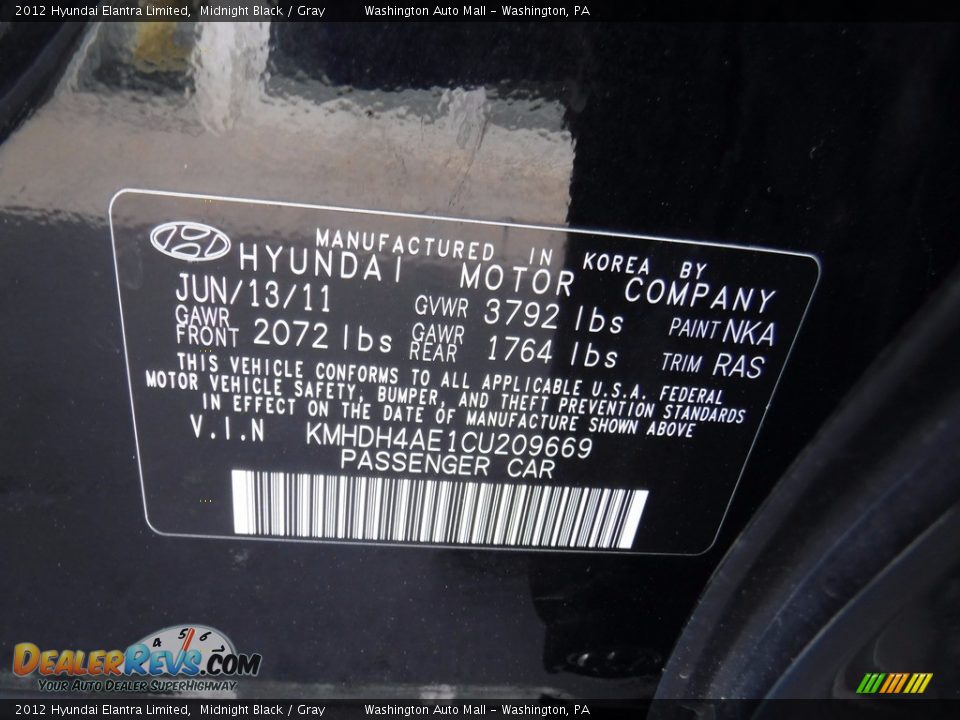 2012 Hyundai Elantra Limited Midnight Black / Gray Photo #29
