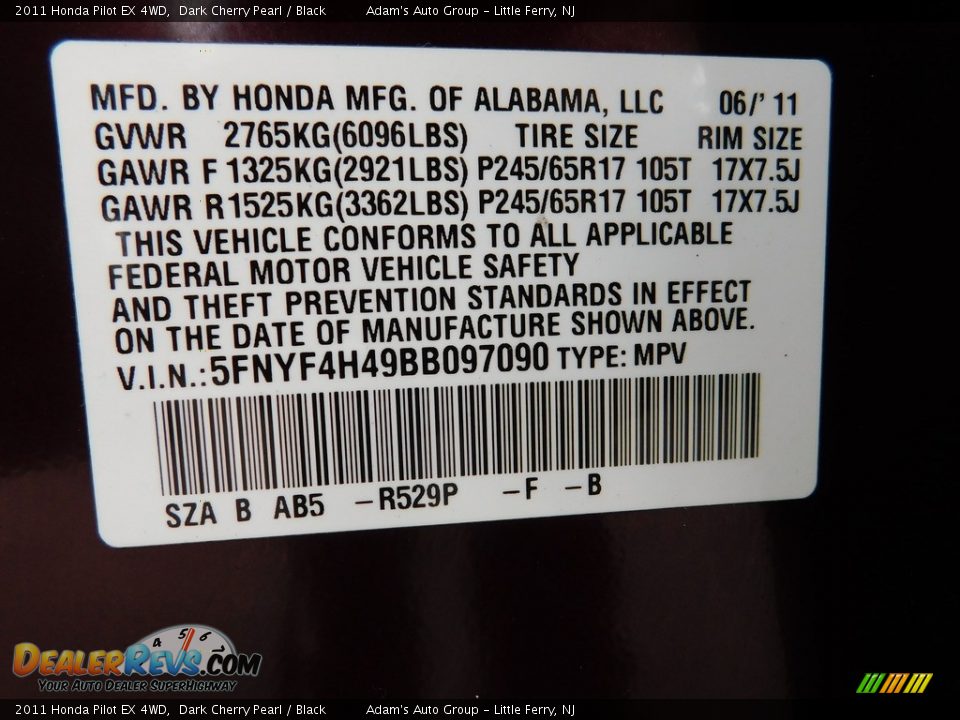2011 Honda Pilot EX 4WD Dark Cherry Pearl / Black Photo #29