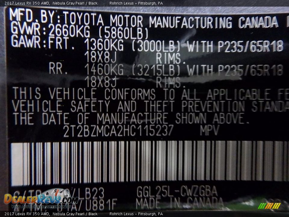2017 Lexus RX 350 AWD Nebula Gray Pearl / Black Photo #10