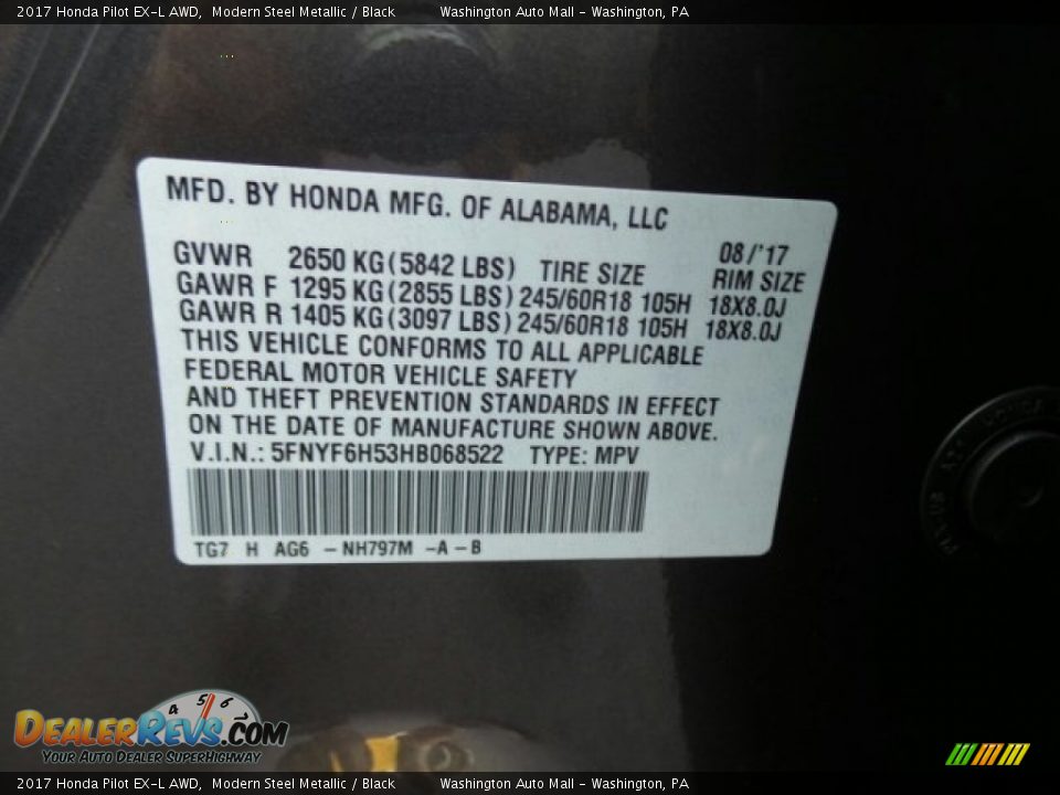 2017 Honda Pilot EX-L AWD Modern Steel Metallic / Black Photo #8
