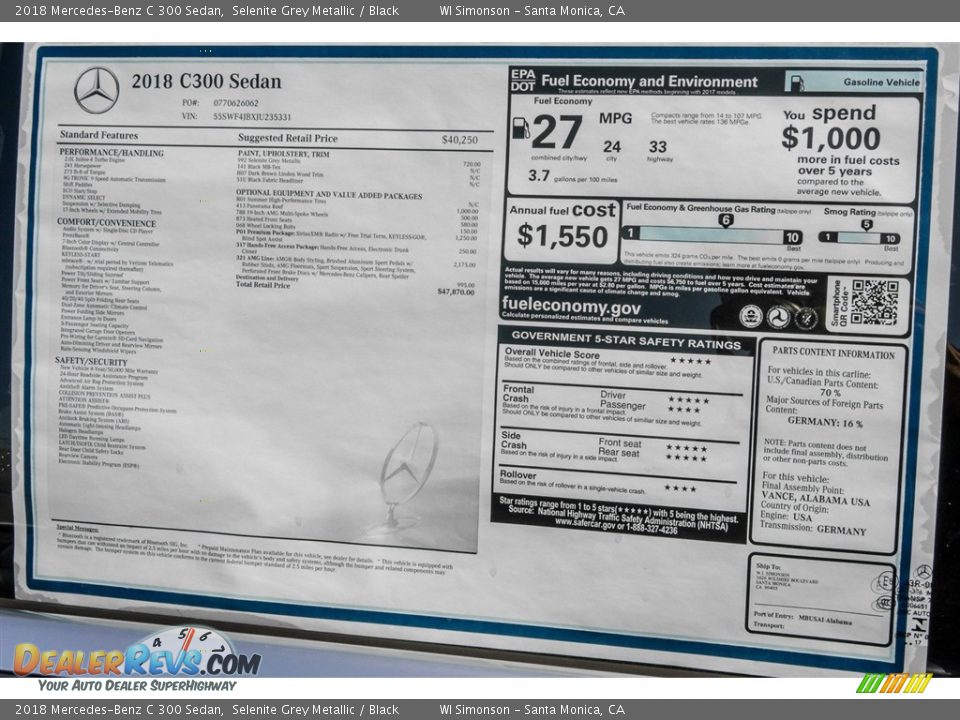 2018 Mercedes-Benz C 300 Sedan Selenite Grey Metallic / Black Photo #10
