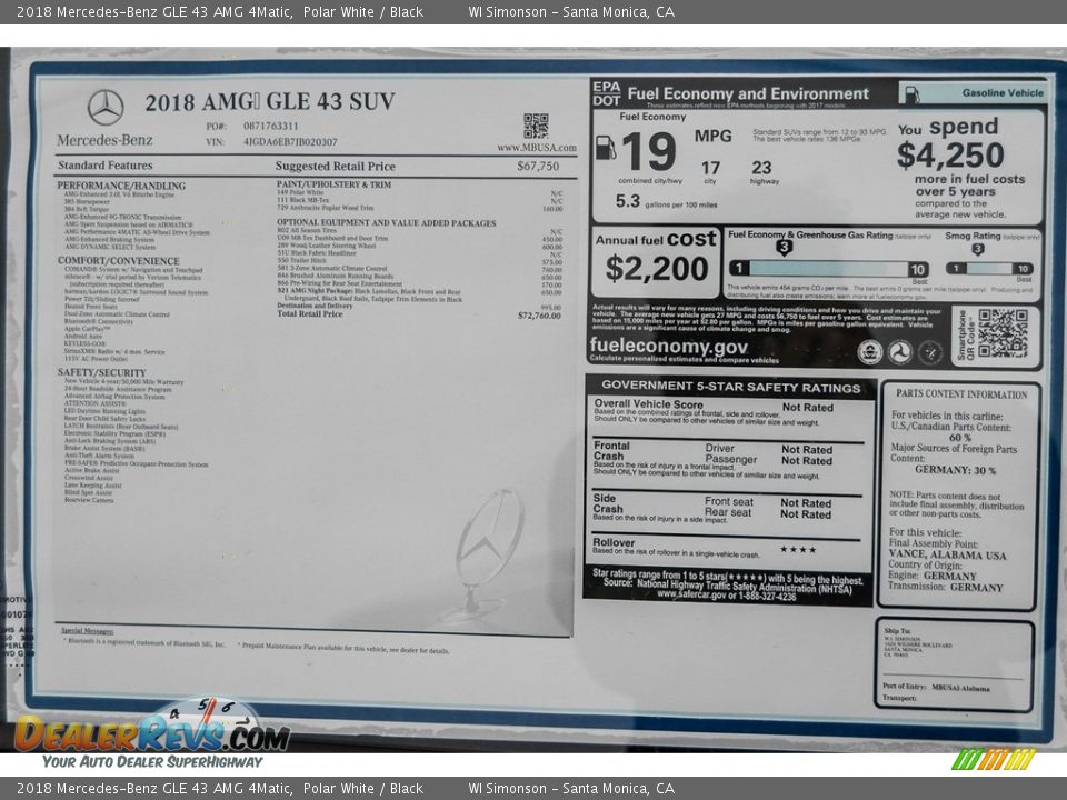 2018 Mercedes-Benz GLE 43 AMG 4Matic Window Sticker Photo #11