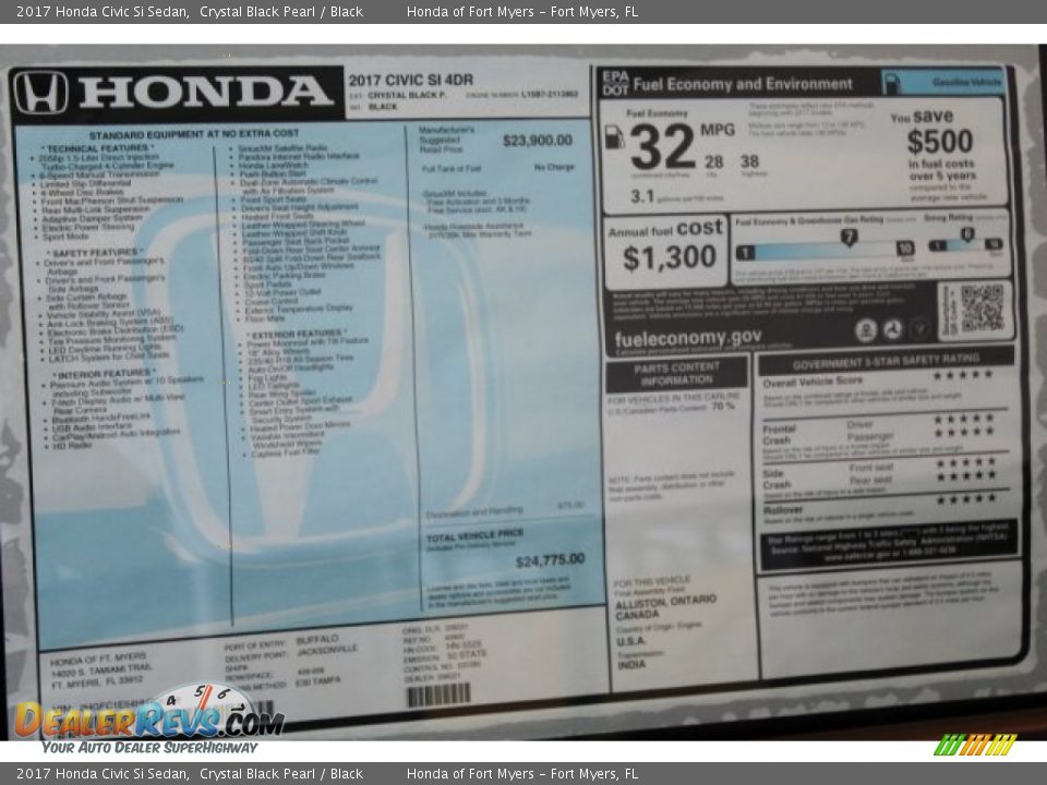 2017 Honda Civic Si Sedan Crystal Black Pearl / Black Photo #26