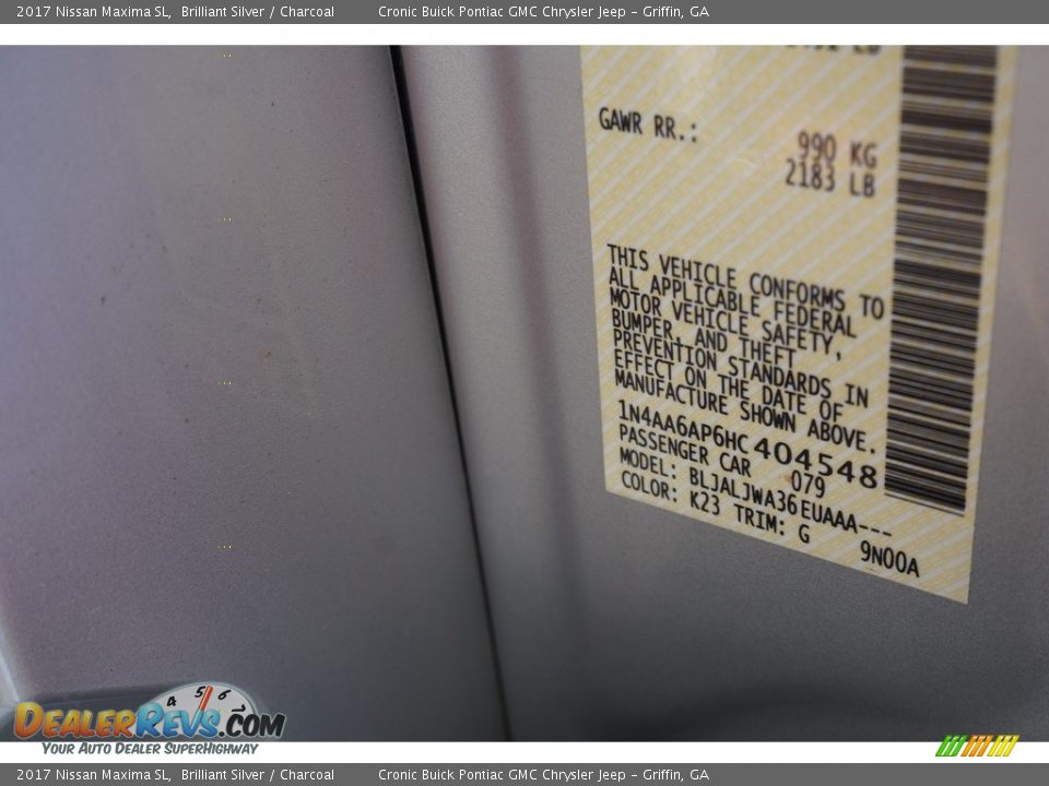 2017 Nissan Maxima SL Brilliant Silver / Charcoal Photo #26