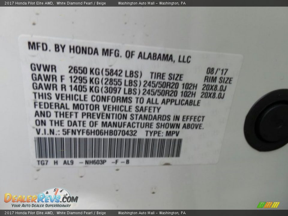 2017 Honda Pilot Elite AWD White Diamond Pearl / Beige Photo #8